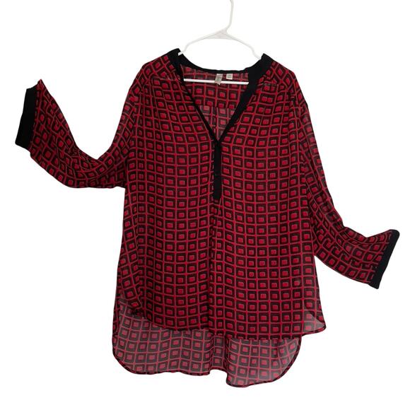 Tacera Sheer Tunic Blouse Red & Black Geometric Print Long Sleeve 
Plus Size 3XL - Picture 1 of 8